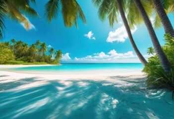 serene tropical beach scene gentle soft lush bright blue tranquil ocean dreamy escape, sand, sky, sun, horizon, palm, wave, shore, shell, cloud, breeze