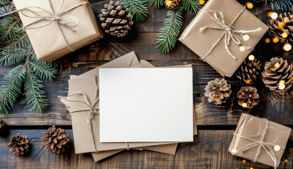 Wall Mural - Blank greeting card surrounded by wrapped gifts and pine cones on a wooden table