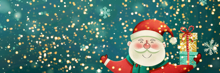 Wall Mural - Jolly Santa on a playful Christmas card with colorful red and green presents. Banner