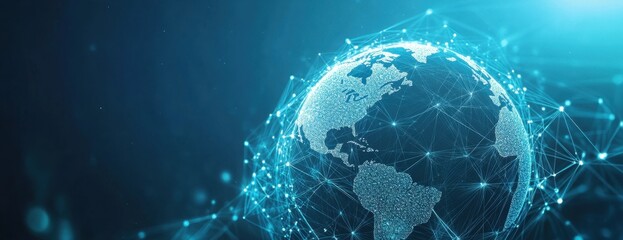 Wall Mural - a blue background with the globe illuminated by glowing connections, symbolizing global connectivity