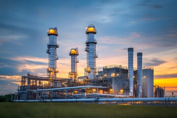 Poster - Industrial facility with tall smokestacks and illuminated structures at sunset.