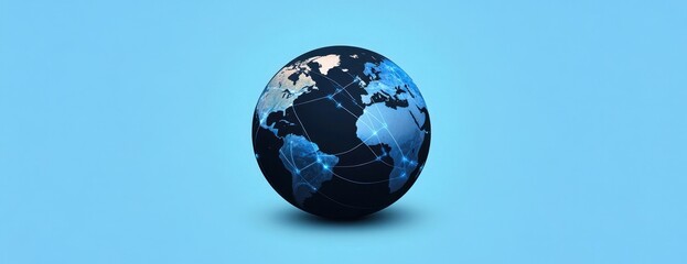 Wall Mural - a blue background with an illustration of the earth's globe, connected by glowing lines to represent