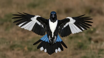 Wall Mural - Magpie in flight, wings spread wide, showcasing its black and white plumage and vibrant blue tail feathers against a blurred brown background.