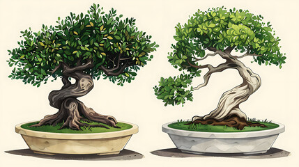 Poster - Two Bonsai Trees in Elegant Pots, Digital Painting