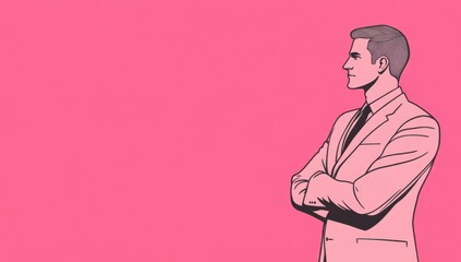 Aufkleber - A confident man in a suit stands with his arms crossed against a pink background, in a simple, flat illustration style with a minimalist design.