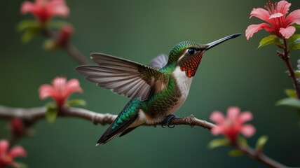 Wall Mural - Vibrant hummingbird hovering near pink blossoms.