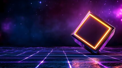 Poster - Futuristic Neon Cube with Glowing Edges in a Dark Cosmic Setting Surrounded by Stars