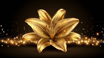 Poster - A stunning golden lily flower showcases intricate details, surrounded by a magical sprinkling of light. This visually striking composition is perfect for elegant design or artistic inspiration.