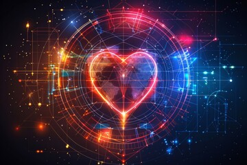 Poster - A vibrant digital artwork showcases a glowing heart symbol encompassing the Earth. Bright lines and patterns intersect, symbolizing connection and unity among diverse cultures in a cosmic background.
