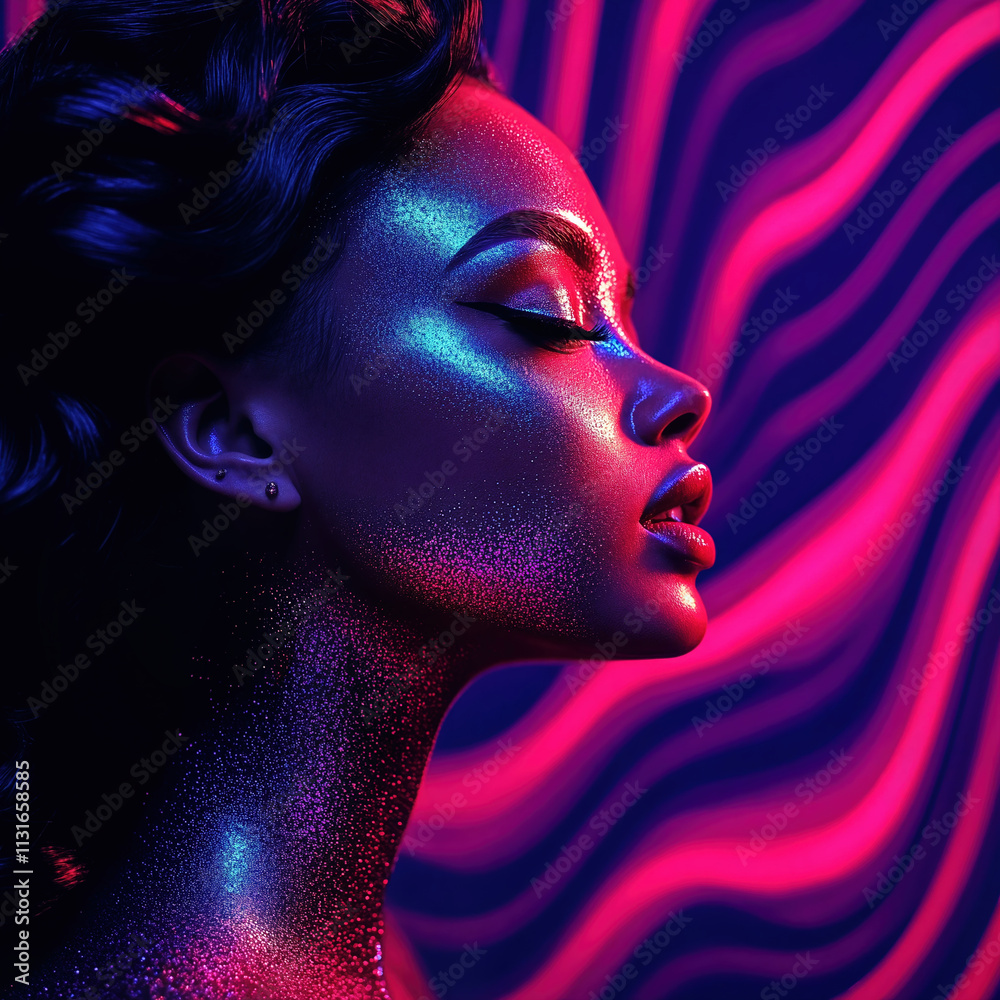 Elegant portrait of a black woman with glowing glitter makeup, set ...