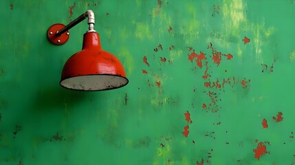 Vintage Red Wall Lamp Against Chipped Green Rustic Wall with Unique Texture and Color Contrast