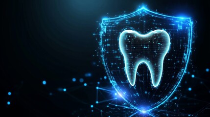 Poster - A high-tech shield graphic showcases a tooth symbol, emphasizing the integration of artificial intelligence in enhancing dental protection and care.