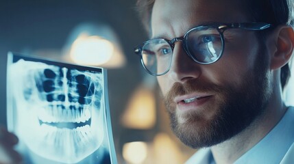 Fototapete - A dental professional examines a dental X-ray with focus and precision in a well-lit clinic. The environment showcases advanced technology and a commitment to patient care.