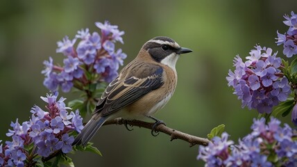 Wall Mural - Small bird perched on branch amidst purple flowers.