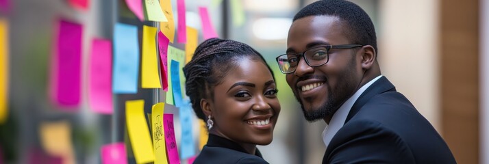Aufkleber - In a vibrant workspace, two professionals exchange smiles as they review colorful sticky notes on a wall, symbolizing their collaboration and efforts to achieve their ambitions together