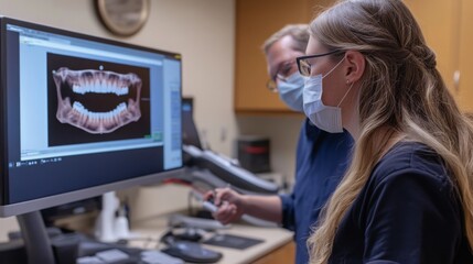 Fototapete - A dentist and a dental assistant study a digital X-ray on a computer in a modern clinic. They are discussing treatment options based on the advanced imaging technology used for patient care.