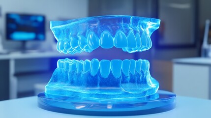 Fototapete - A translucent 3D dental model is prominently displayed in a modern dental office, showcasing advanced digital dentistry techniques.