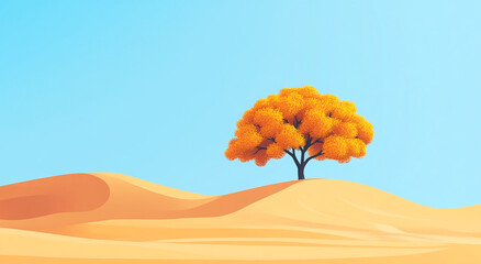 Poster - Vibrant lone tree stands out against bright desert landscape under clear blue sky