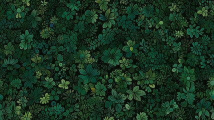 Wall Mural - Seamless pattern of various dark green flowers and leaves.