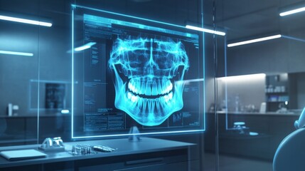 Fototapete - A dental professional uses advanced digital technology to analyze a 3D X-ray of a patient's skull, in a modern dental clinic filled with futuristic equipment and screens.