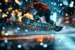 © Odin AI - Snowboarder performs a jump in a city during a winter night with colorful lights illuminating the surroundings