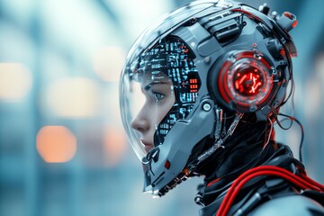Poster - Futuristic humanoid robot with advanced technology in a sleek helmet design