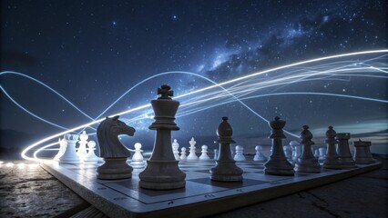 Poster - Chess pieces standing on a chessboard at night under the milky way with light trails symbolizing strategy, competition, and intelligent moves in business and life