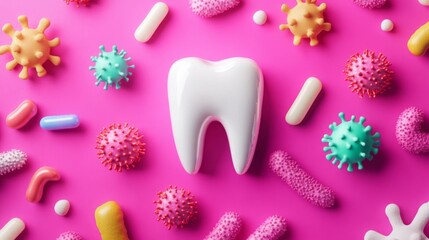 Poster - Modern dental practices incorporate artificial intelligence to protect oral health. Colorful representations of bacteria and a tooth illustrate the importance of advanced solutions in dentistry.