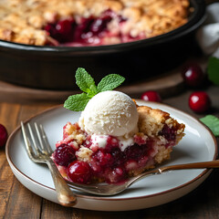 Wall Mural - A slice of cherry cobbler topped with vanilla ice cream and mint on a plate.