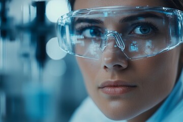 Poster - Scientist focused on research in laboratory setting with safety goggles and laboratory equipment visible