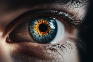 Poster - Close-up of a human eye showcasing vibrant colors and intricate details in a dark setting