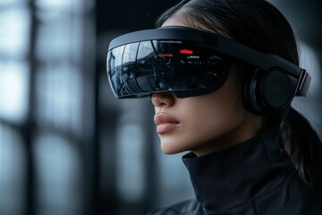 Poster - Modern woman wearing virtual reality headset in a high-tech urban environment during daytime