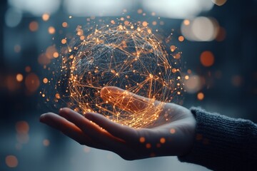 Aufkleber - Hands hold a glowing sphere representing connectivity and technology in a modern environment