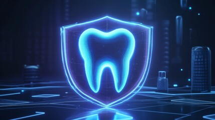 Aufkleber - A digital shield featuring a stylized tooth symbol demonstrates the integration of artificial intelligence in healthcare.