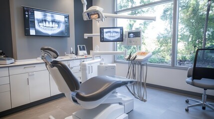 Fototapete - High-tech dental office equipped with digital imaging systems and a comfortable treatment chair. Large windows provide natural light, enhancing the calming atmosphere for patients during visits.