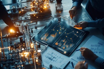 Poster - Team collaborates to analyze digital data trends using a touchscreen device in a modern workspace