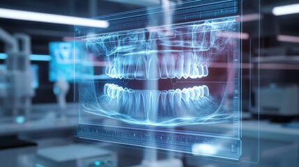 Leinwandbilder - Advanced digital technology displays a detailed x-ray of a human jaw with teeth. This cutting-edge technique enhances the diagnosis and treatment planning within a contemporary dental clinic.