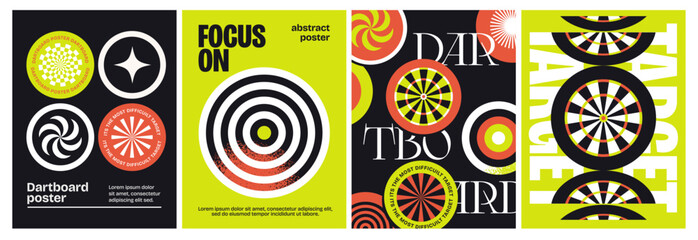 Posters with Dartboard. Set of flyers with targets, bright geometric shapes and text. Metaphor of focus on achieving goals. Design for print. Flat vector illustration collection