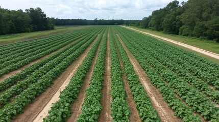 Wall Mural - Aerial view of a lush green crop field with evenly spaced rows.