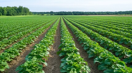 Wall Mural - A lush green field of crops in neat rows under a clear sky.