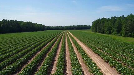 Wall Mural - Aerial view of a lush agricultural field with organized rows of crops.