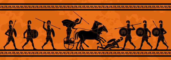 ancient greek ornament. mural fresco or ceramic amphora with mythical battle of warriors with spears