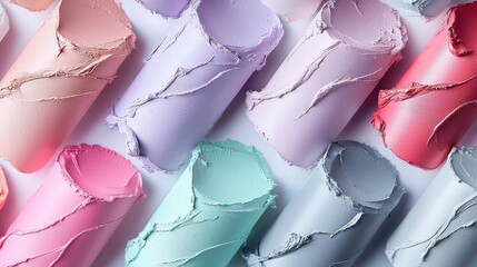Aufkleber - An artistic display features an array of pastel paint rolls in soft hues, beautifully arranged to highlight their unique textures and colors. This flat lay inspires creativity and design ideas