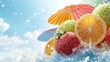 © Koh's Smart - A vibrant and whimsical paper collage featuring a mix of tropical fruits, colorful parasols, and ocean waves under a bright sunny sky, capturing the essence of a carefree summer vacation.