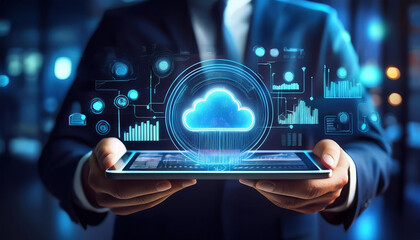 Poster - close up of tablet displaying glowing cloud icon with AI analytics and graphs, symbolizing technology and innovation in data management