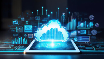 Fototapete - close up of tablet displaying glowing cloud icon with graphs and ai analytics, symbolizing digital t