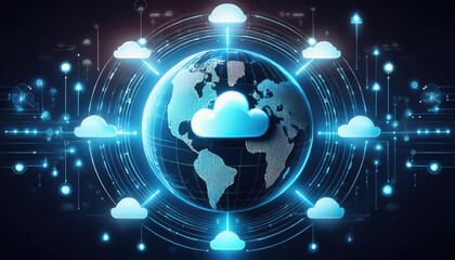 Poster - conceptual globe surrounded by glowing arrows and cloud icons, symbolizing connectivity and technolo
