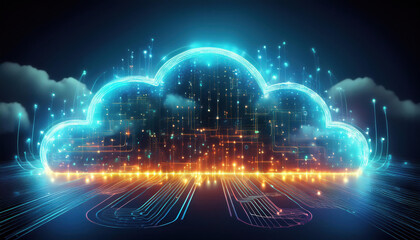 Poster - glowing cloud shape with interconnected nodes and circuits, symbolizing digital connectivity and data flow, creates vibrant and futuristic atmosphere