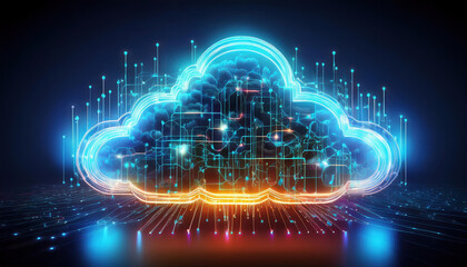 Poster - glowing cloud shape with interconnected nodes, symbolizing digital connectivity and data flow, illuminated in vibrant colors