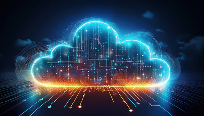 Poster - symbolic image of interconnected glowing nodes forming cloud, representing technology and data flow in digital landscape. vibrant colors evoke sense of innovation and connectivity